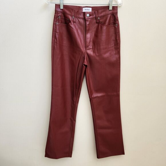 Pistola Pants Womens 26 Dark Red Vegan Leather Straight Crop Holiday Edgy Grunge - Picture 1 of 16